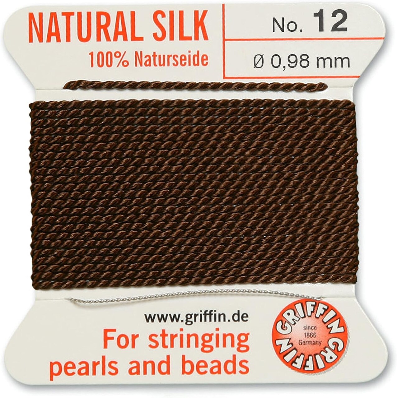 Griffin Silk Bead Cord Perlseide – Size 12 (0.98mm) – 2 Meters per Card – Stainless Steel Needle Attached – for Knotting Pearls, Gemstones, Crystals and Beads